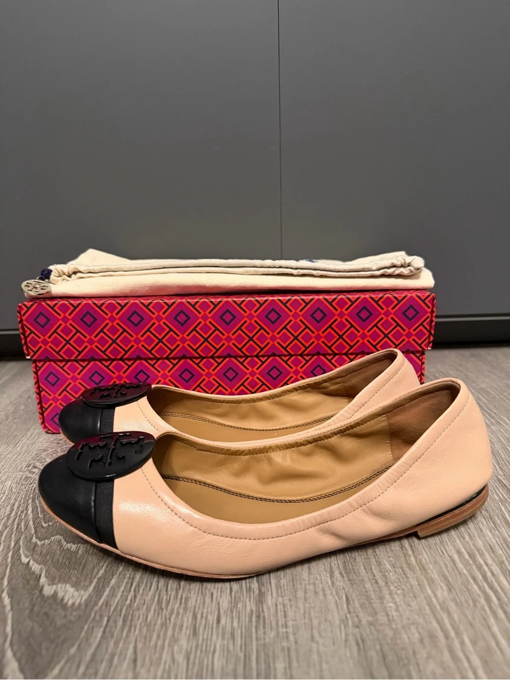Tory Burch Pink and Black Reva Cap-Toe Leather Flats